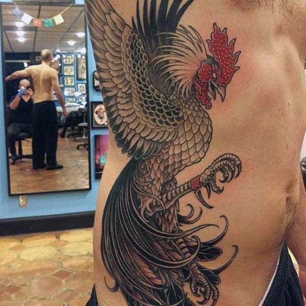 Man Side Rib Rooster Tattoo