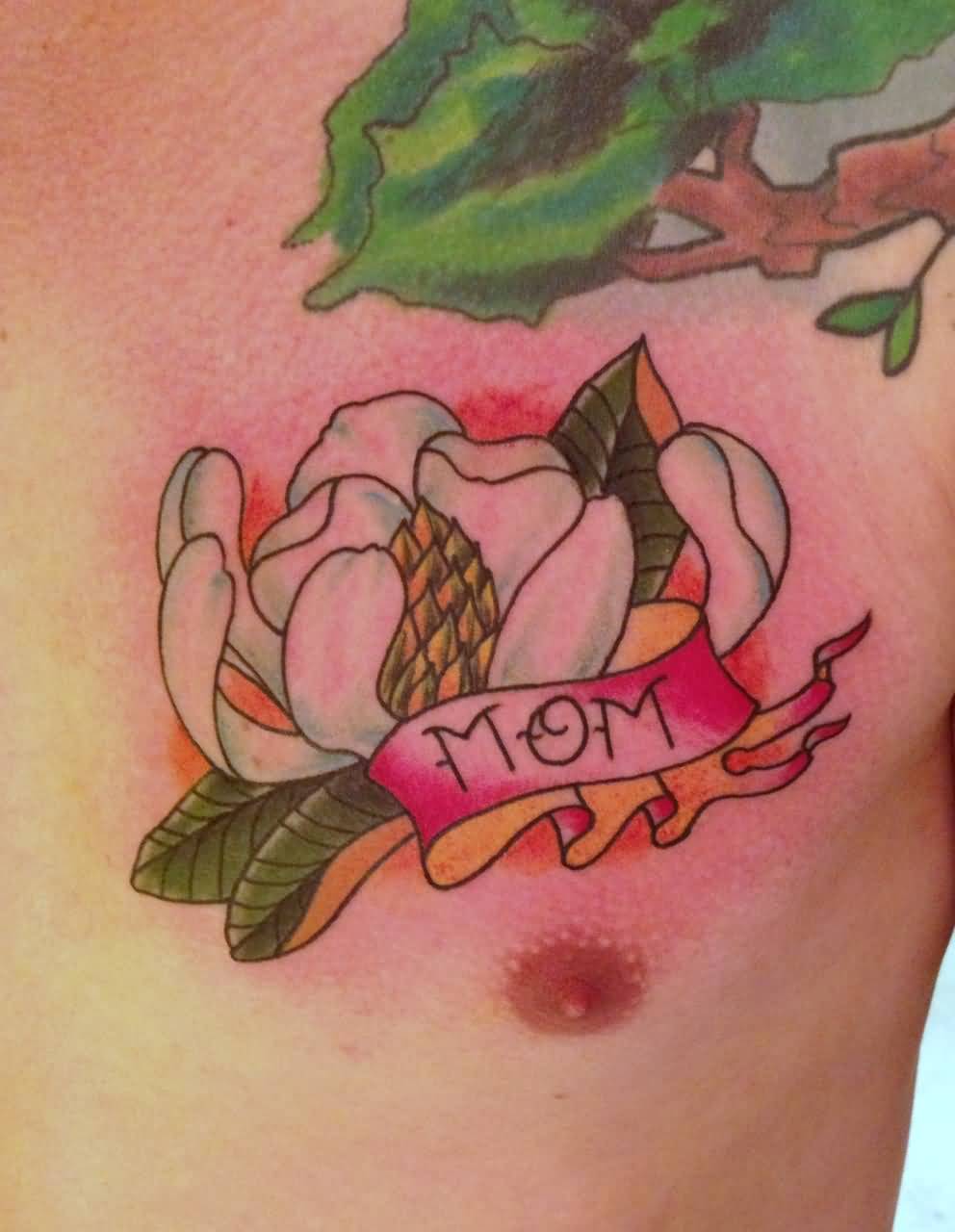 Mom Banner And Magnolia Tattoo On Man Chest