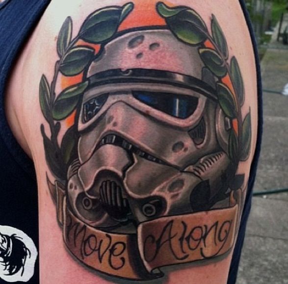 Move Along Banner With Stormtrooper Helmet Tattoo On Left Shoulder