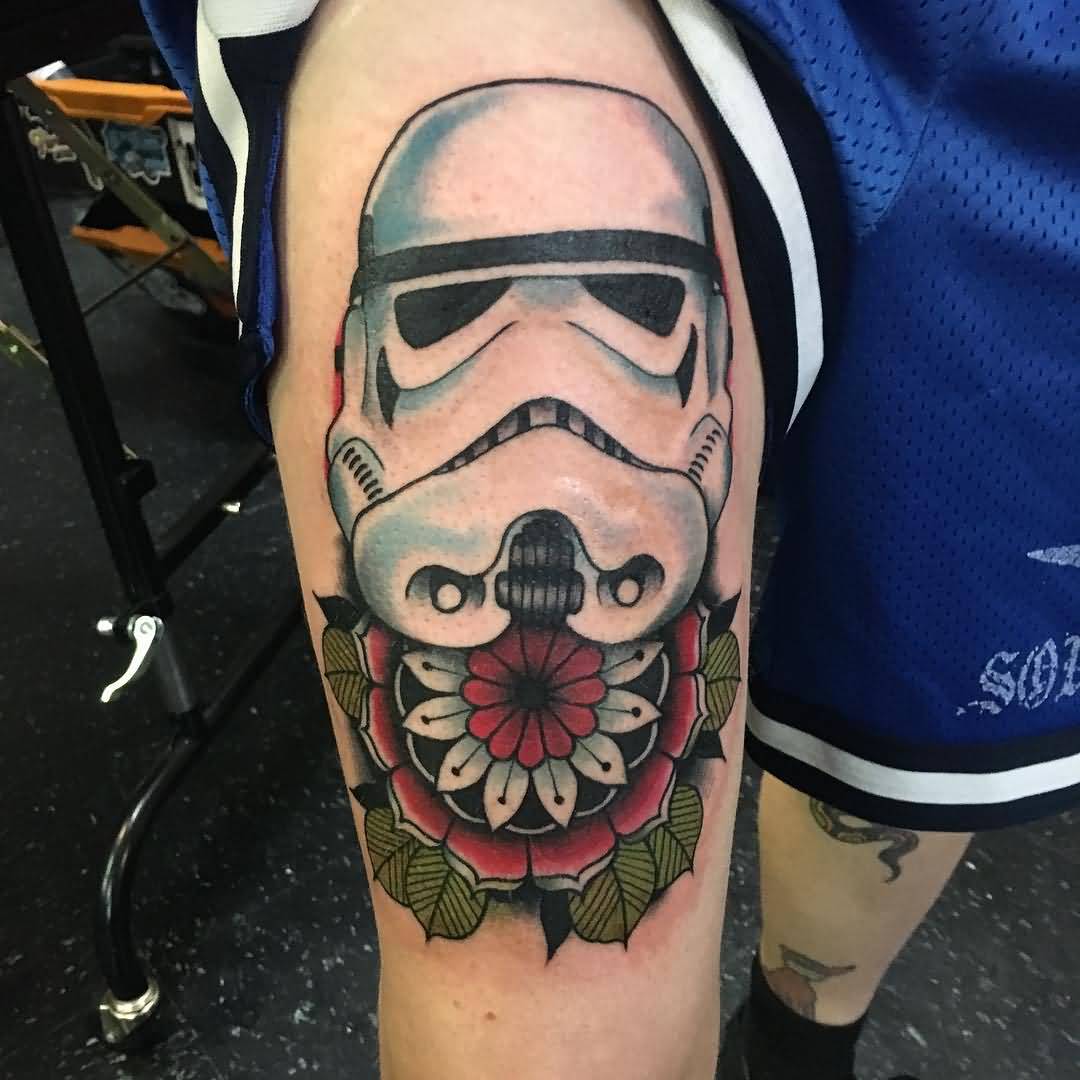 Old School Stormtrooper Helmet Tattoo On Right Thigh