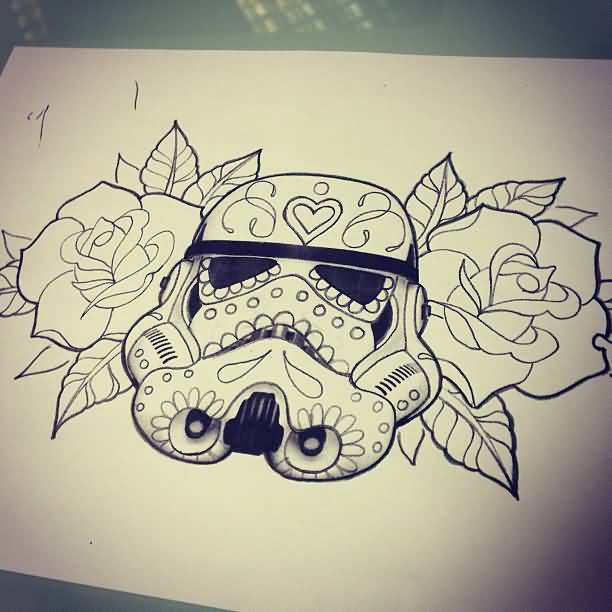 Outline Roses And Stormtrooper Sugar Skull Tattoo Design
