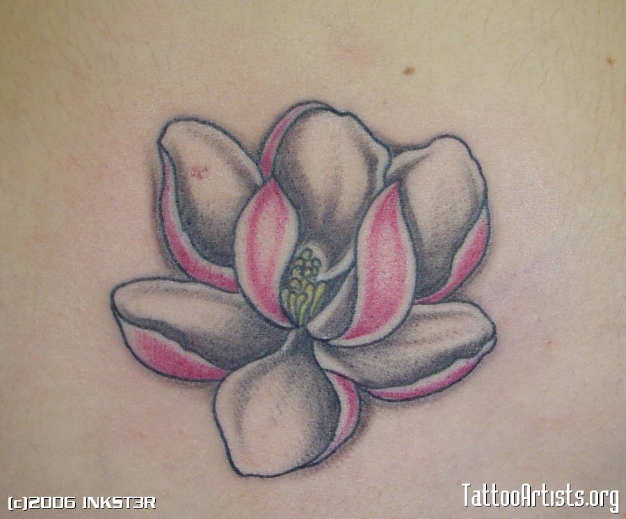 Pink And Grey Magnolia Flower Tattoo