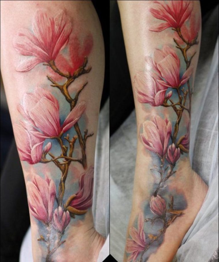 Pink Magnolia Flowers Tattoo On Leg