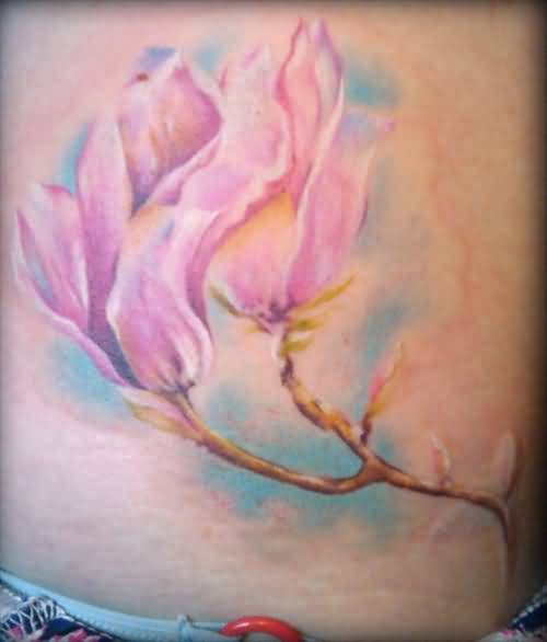 Pink Magnolia Flowers Tattoo On Lower Back