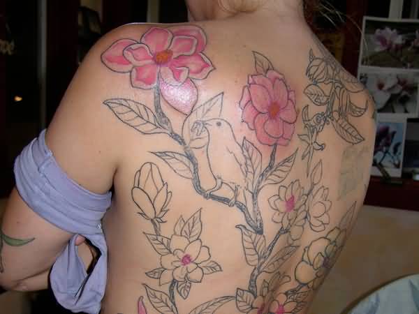 Pink Magnolia Flowers Tattoos On Back