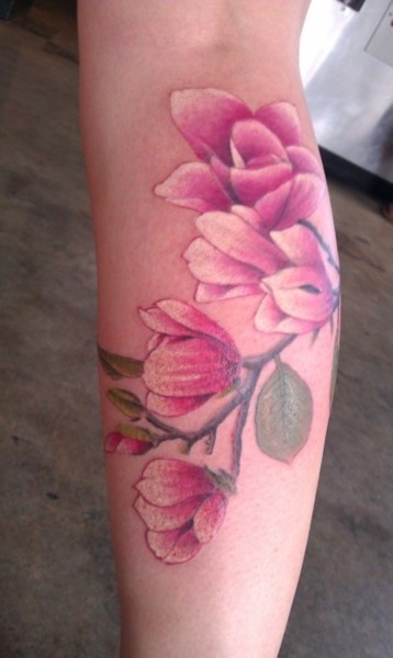 Pink Magnolia Tattoo On Leg Calf