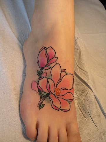 Pink Magnolia Tattoo On Right Foot