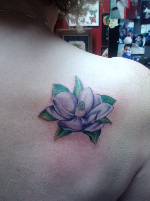 Purple Magnolia Flower Tattoo On Back Shoulder