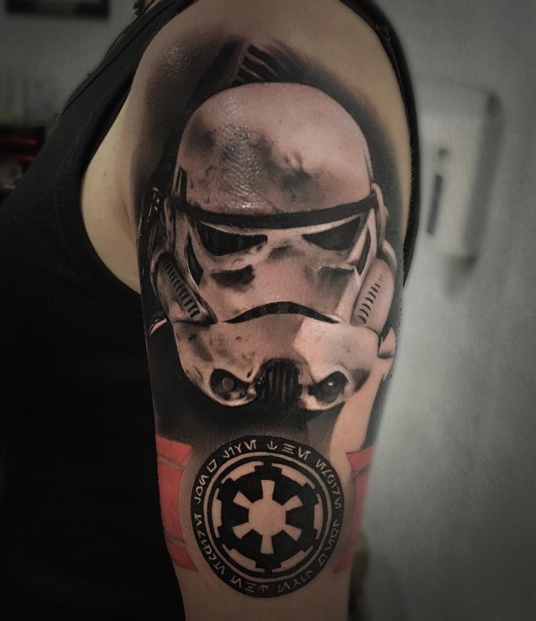 Realistic Black And White Stormtrooper Helmet Tattoo On Shoulder