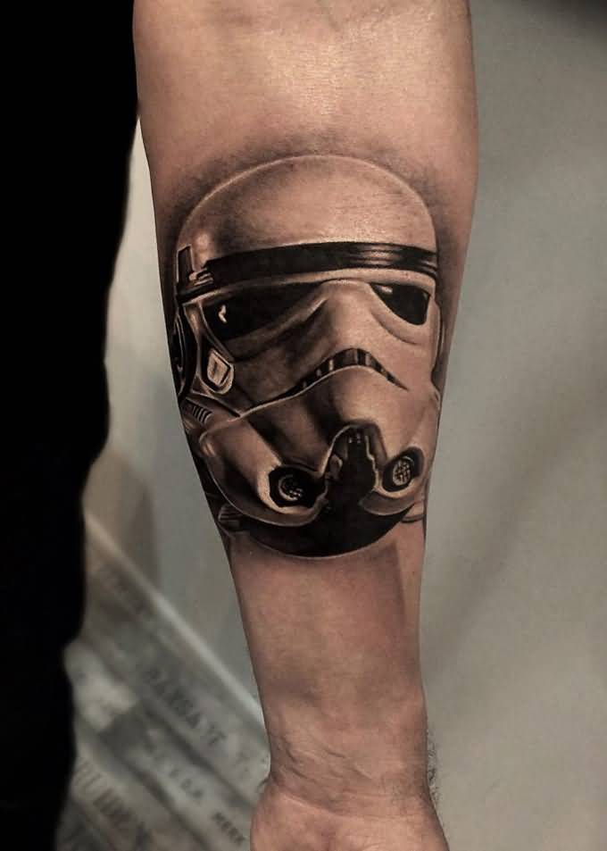 Realistic Grey Ink Stormtrooper Helmet Tattoo On Left Forearm