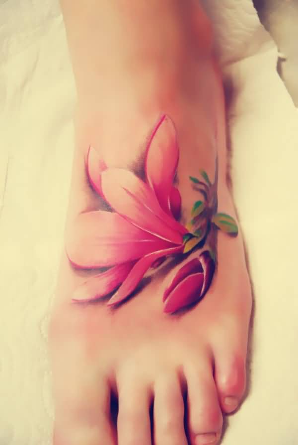 Realistic Magnolia Tattoo On Left Foot