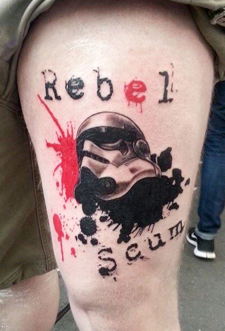 Rebel Scum Stormtrooper Tattoo On Left Thigh by Paul Hanford