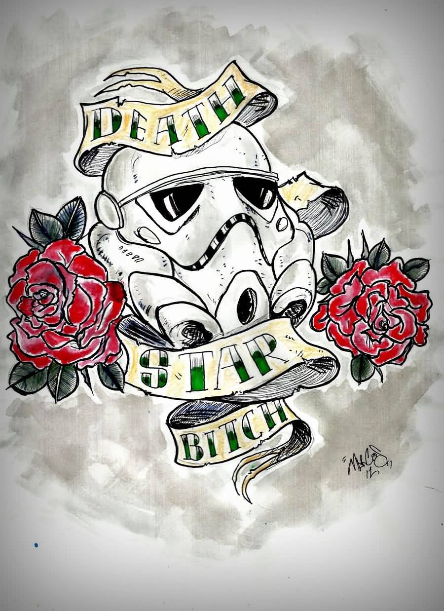 Red Flowers And Stormtrooper Helmet Tattoo Design by Marcalmeida