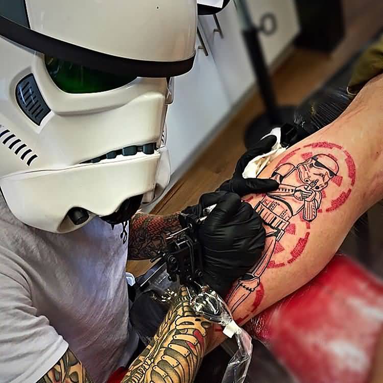 Red Ink Stormtrooper Tattoo On Leg