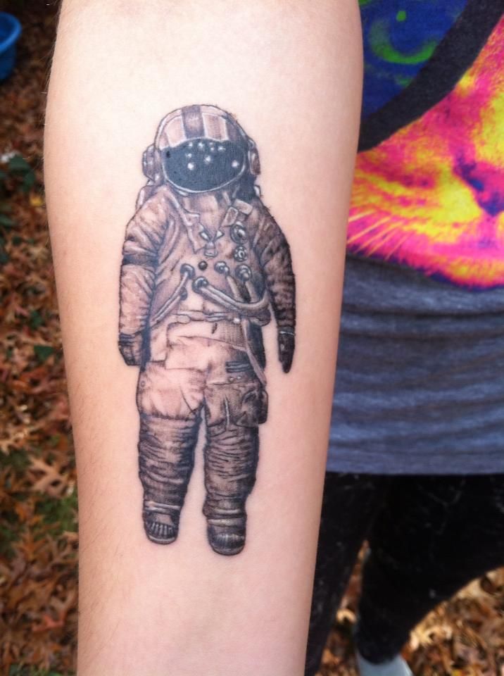 Right Forearm Grey Ink Astronaut Tattoo