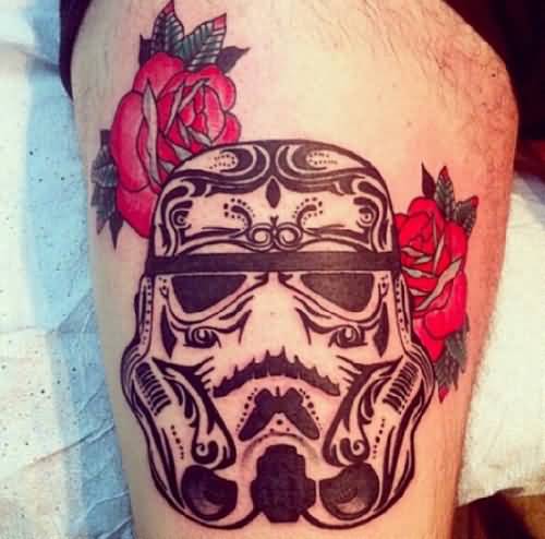 Rose Flowers And Black Tribal Stormtrooper Helmet Tattoo