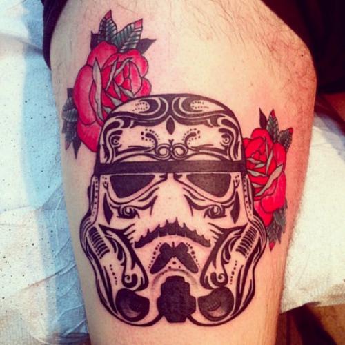 Rose Flowers And Stormtrooper Tattoo On Thigh