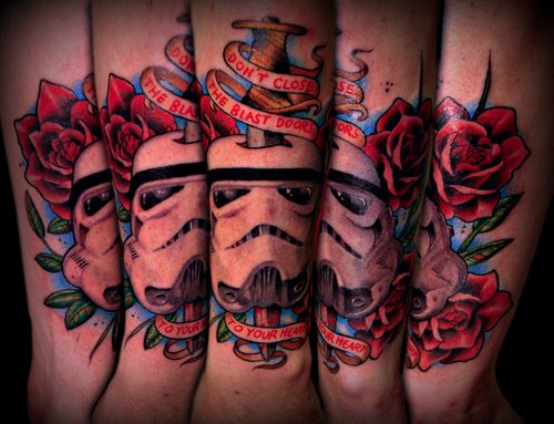 Rose Flowers Stormtrooper Tattoo Design For Arm