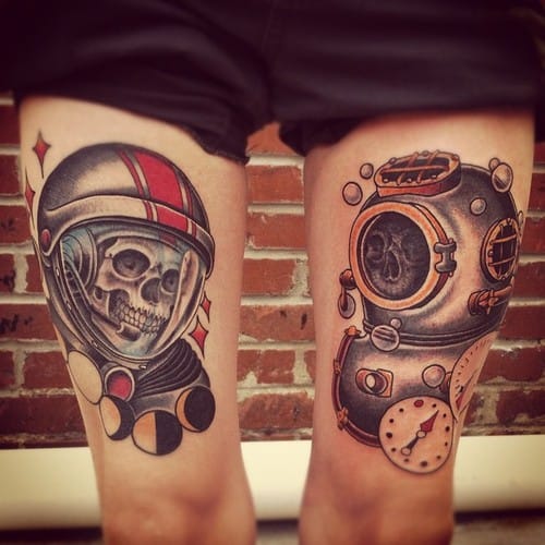 Skull Astronaut Tattoo On Thigh