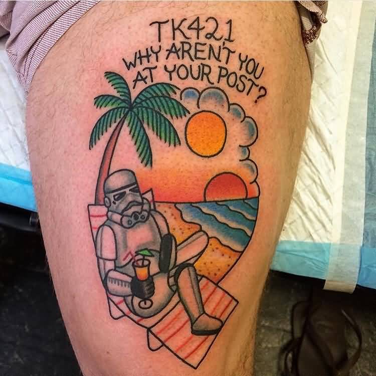 Star Wars Stormtrooper On Beach Tattoo On Thigh
