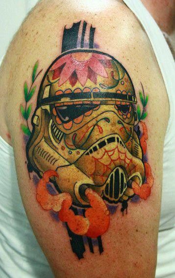 Stormtrooper Helmet Tattoo On Man Right Shoulder