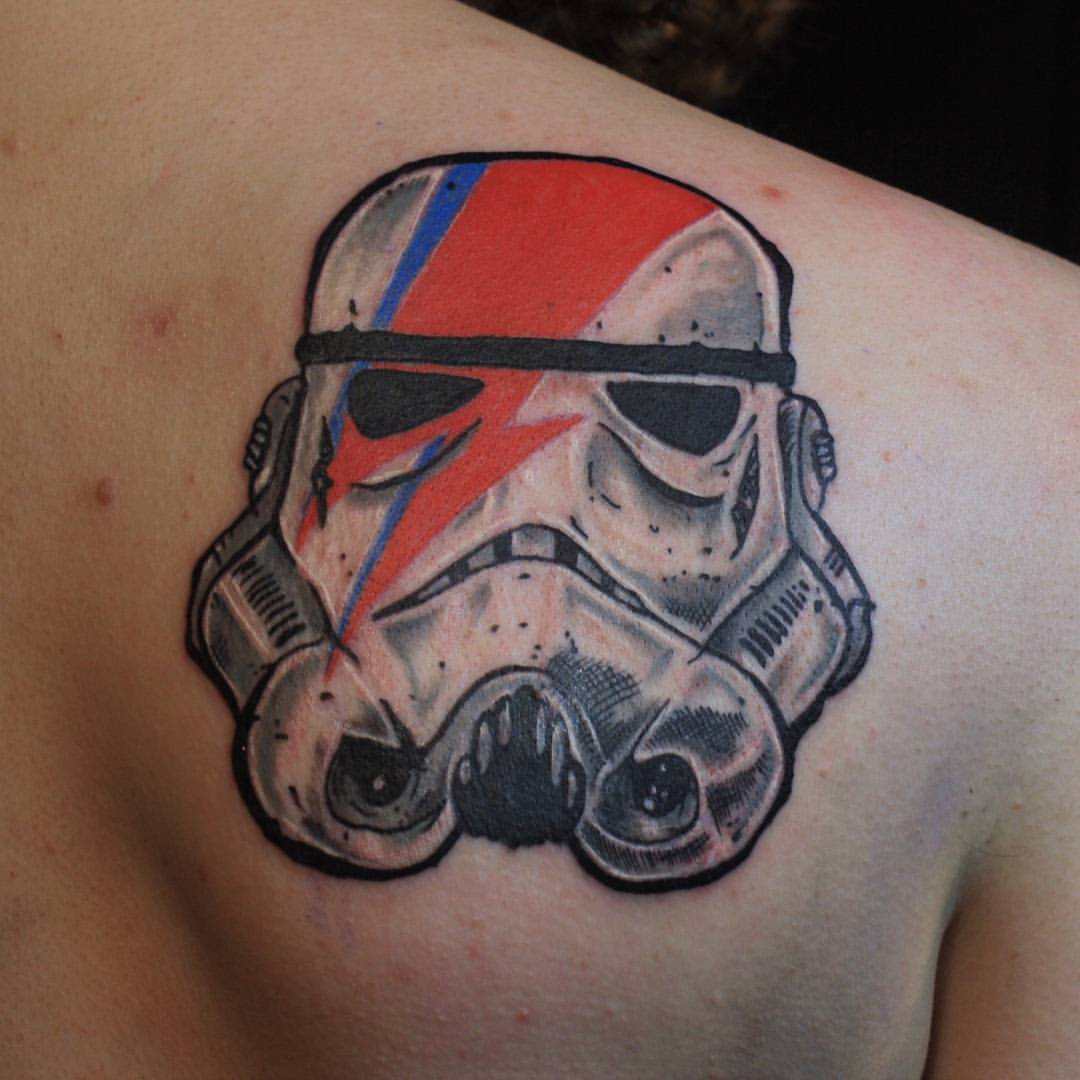 Stormtrooper Helmet Tattoo On Right Back Shoulder