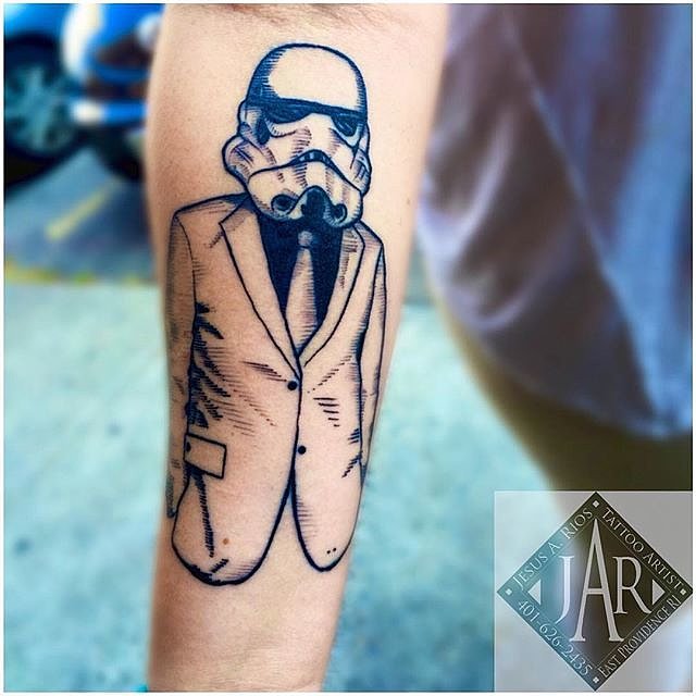 Stormtrooper In Stylish Coat Tattoo On Arm Sleeve
