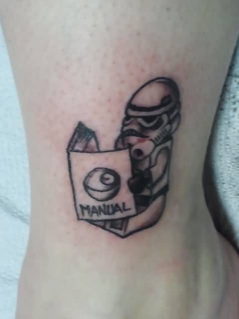Stormtrooper Reading Book Tattoo On Leg by Fireandroses