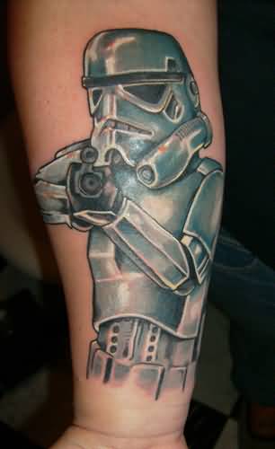 Stormtrooper With Gun Tattoo On Forearm