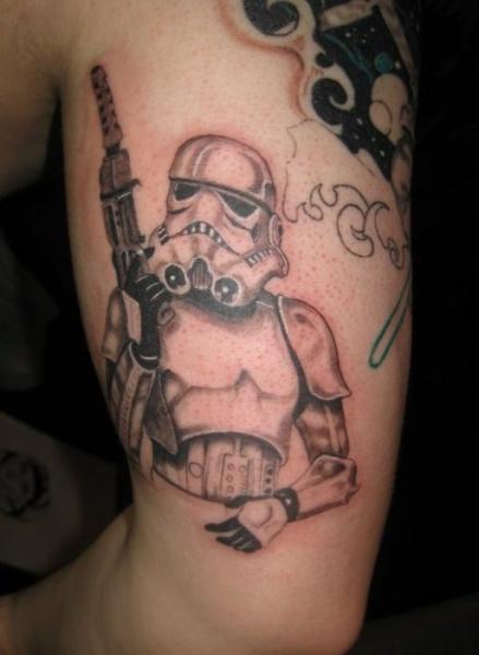 Stormtrooper With Gun Tattoo On Half Sleeve