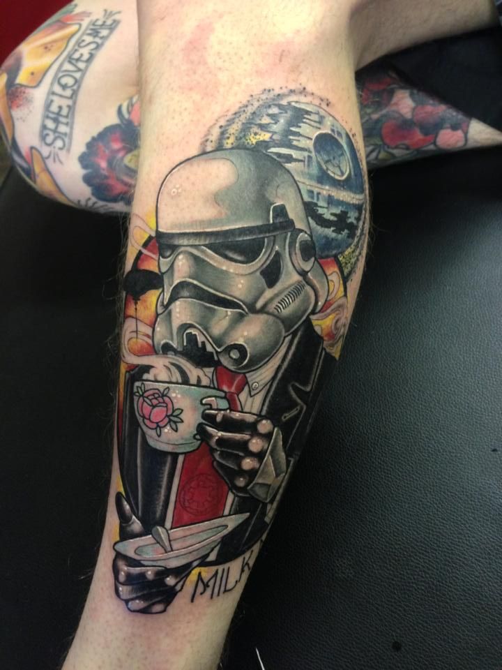 Stormtrooper With Tea Cup Tattoo On Left Leg