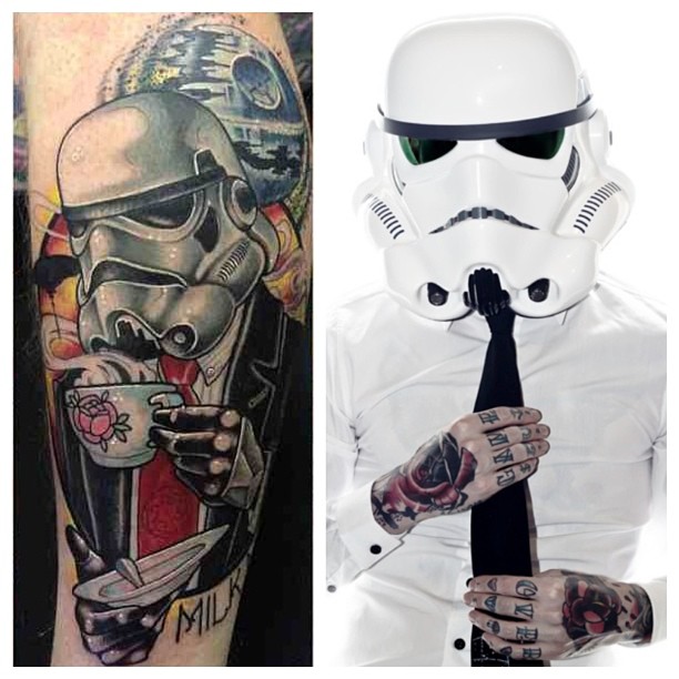 Stormtrooper With Teacup Tattoo On Leg