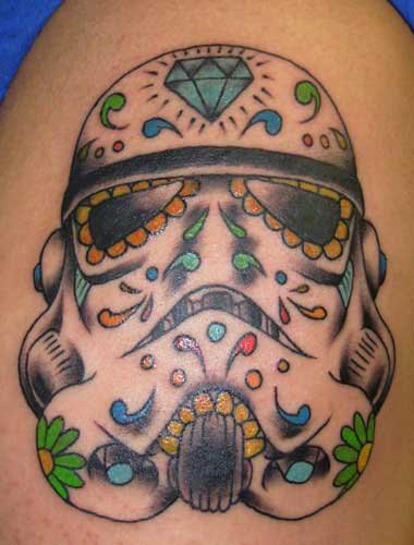 Sugar Skull Stormtrooper Tattoo On Shoulder