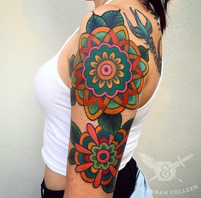 Traditional Flowers Tattoos On Left Half Sleeve by Savannah Colleen Mckinney