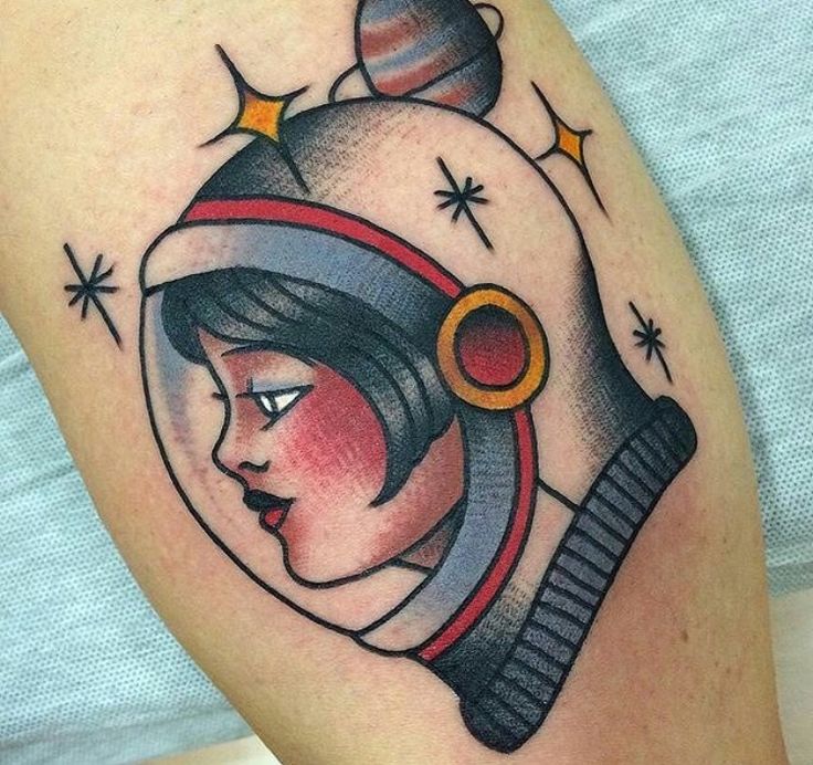 Traditional Girl With Astronaut Helmet Tattoo On Leg