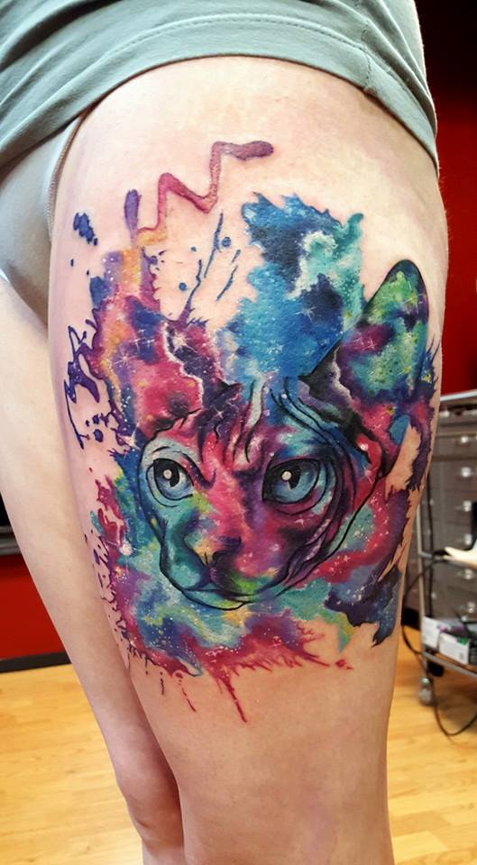 Watercolor Cat Tattoo On Left Thigh