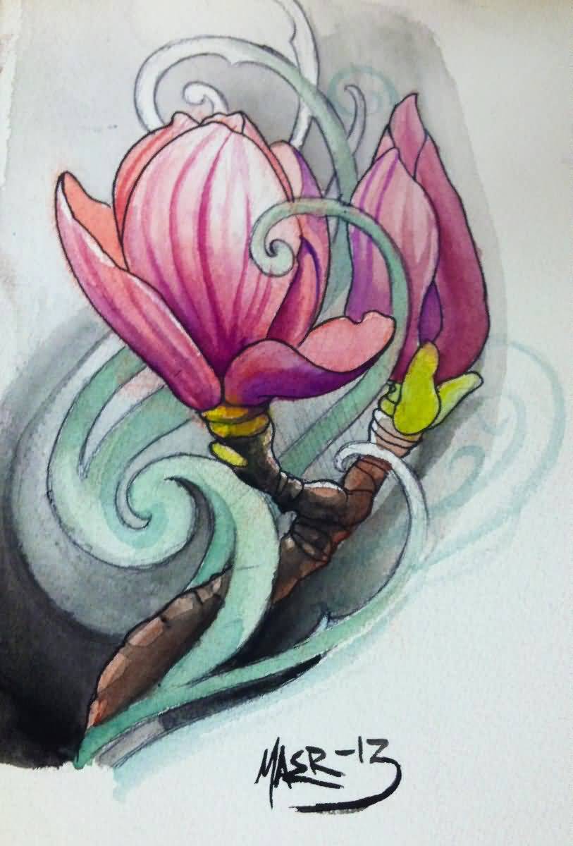 Watercolor Magnolia Tattoo Design Sample