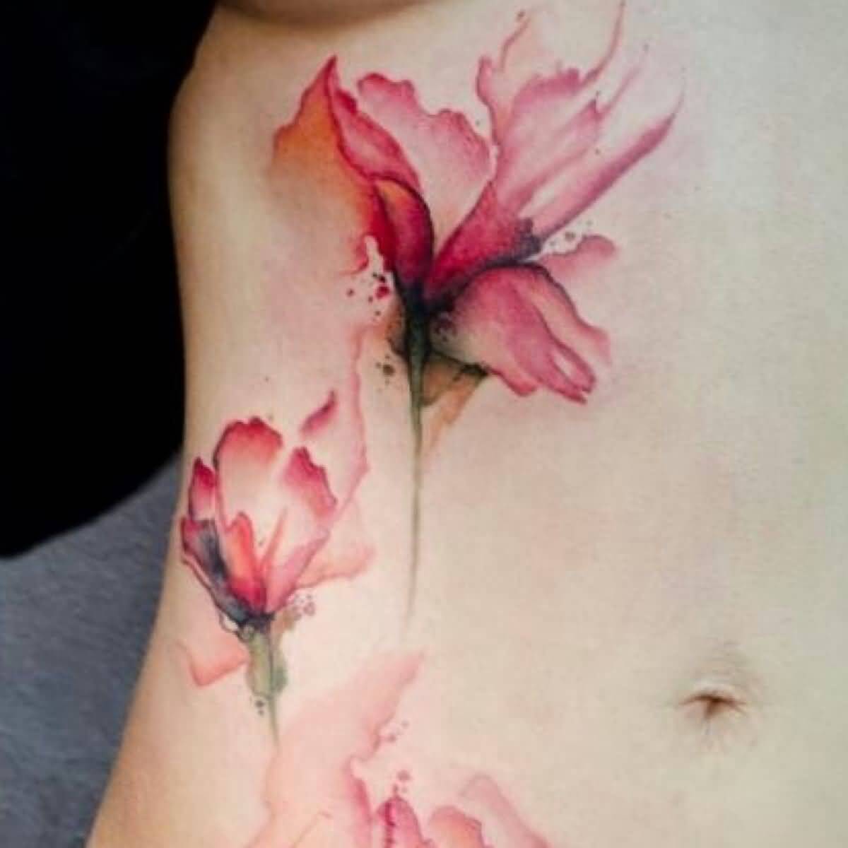 Watercolor Magnolia Tattoo On Rib Side