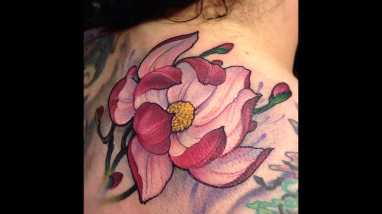 Watercolor Magnolia Tattoo On Right Back Shoulder