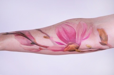 Watercolor Magnolia Tattoo On Right Sleeve