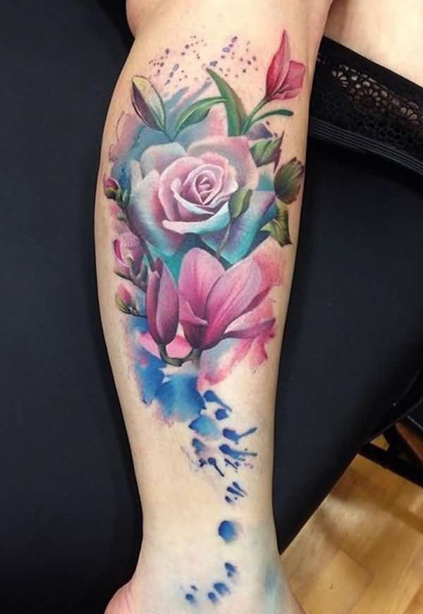 Watercolor Rose And Magnolia Flowers Tattoos On Side Leg