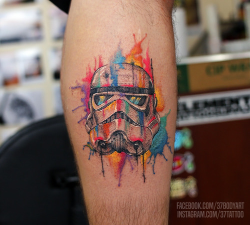 Watercolor Stormtrooper Tattoo On Leg Calf