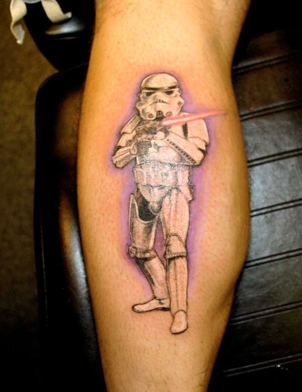 White Ink Stormtrooper Tattoo On Leg Calf