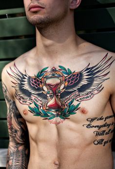 Winged hourglass chest tattoo design
