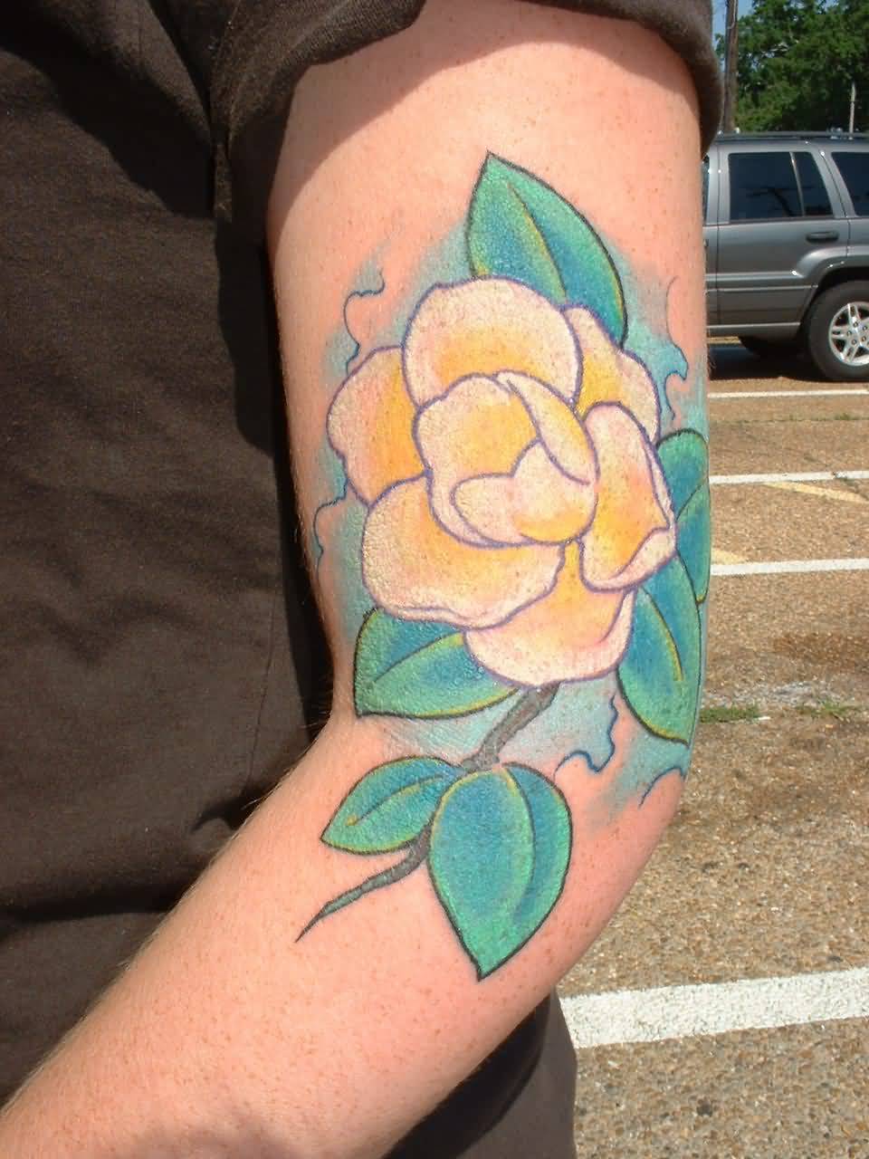 Yellow Flower Magnolia Tattoo On Left Sleeve