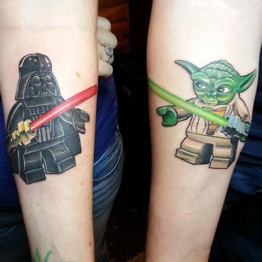 Yoda And Lego Darth Vader Tattoos On Forearm