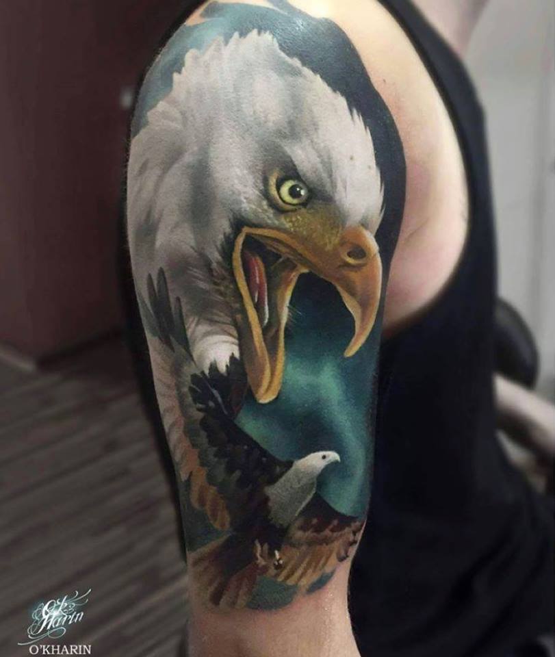 3D Eagle Head Tattoo On Half Sleeve by Sasha O'Kharin