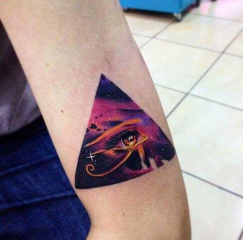 Amazing Colored Triangle Tattoo On Left Bicep