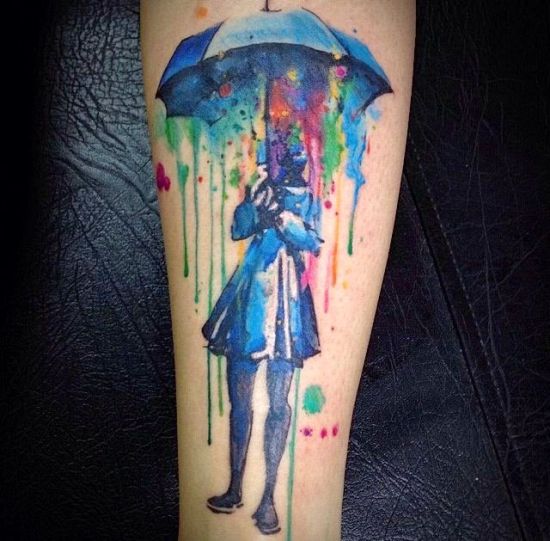 Amazing Watercolor Umbrella Girl Tattoo
