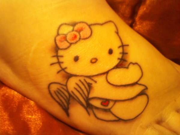 Angel Winged Hello Kitty Tattoo On Right Foot
